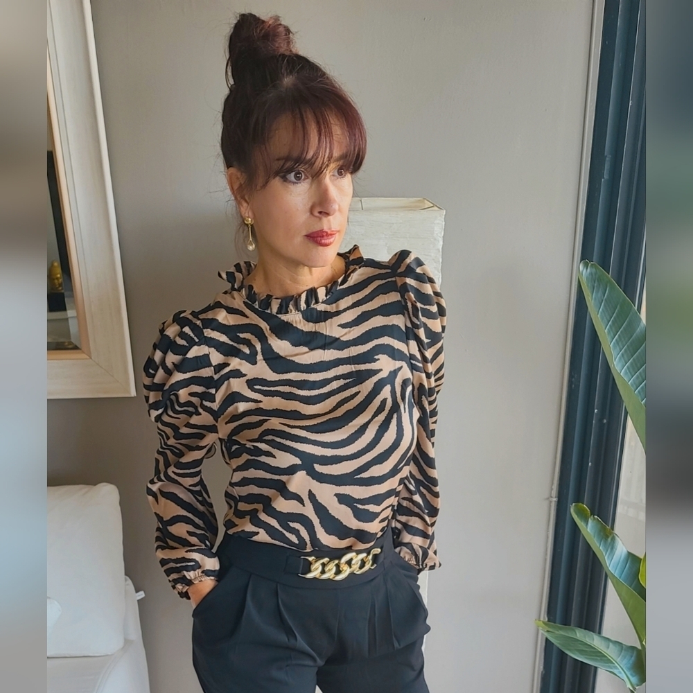 Animal PrintLong Puff SleeveMock NecklineBack Keyhole Closure